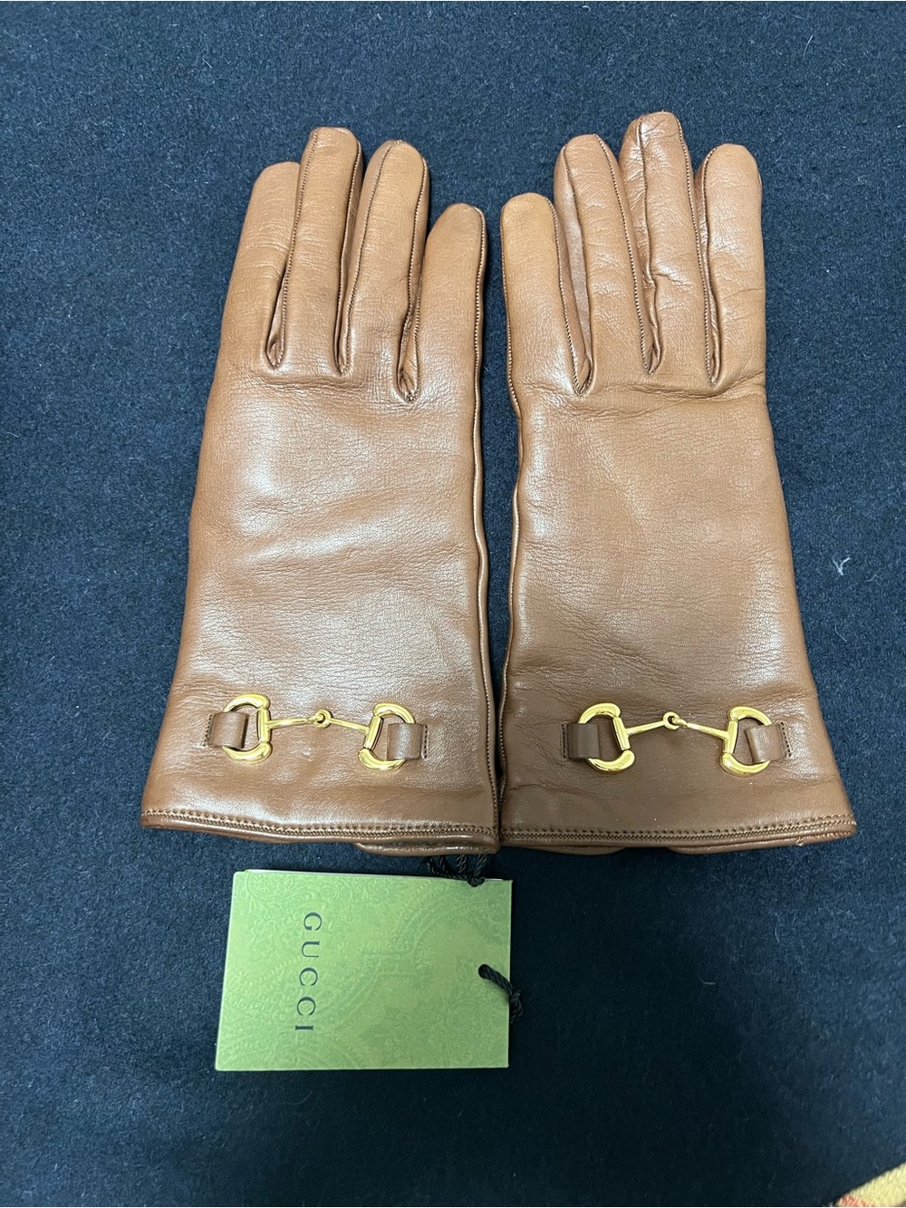 Gucci Brown Leather Gloves with Gold Horsebit Accent
